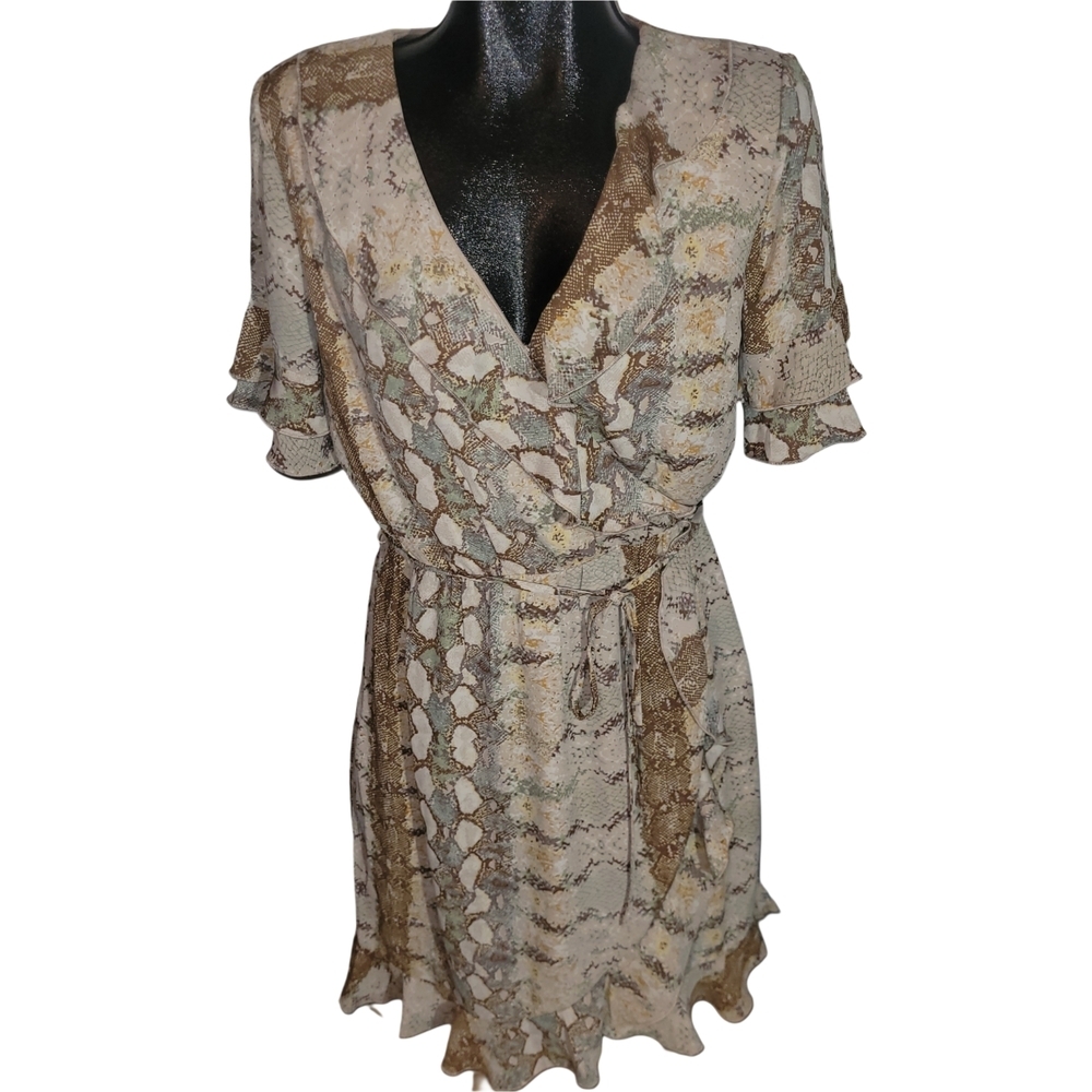 Dex Snake Print Faux Wrap Midi Dress With Fabric Belt M